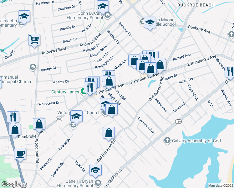 map of restaurants, bars, coffee shops, grocery stores, and more near 511 Ford Road in Hampton