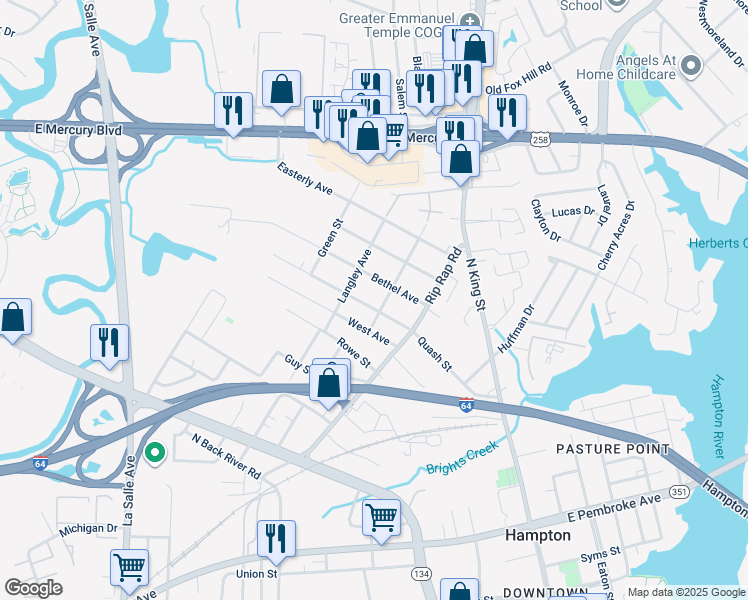map of restaurants, bars, coffee shops, grocery stores, and more near 1108 Quash Street in Hampton