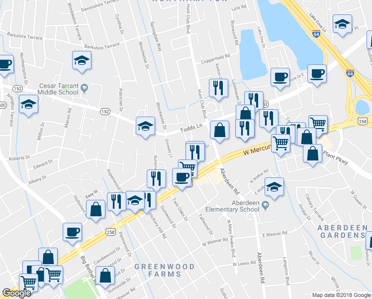 map of restaurants, bars, coffee shops, grocery stores, and more near 16 Edgewood Drive in Hampton