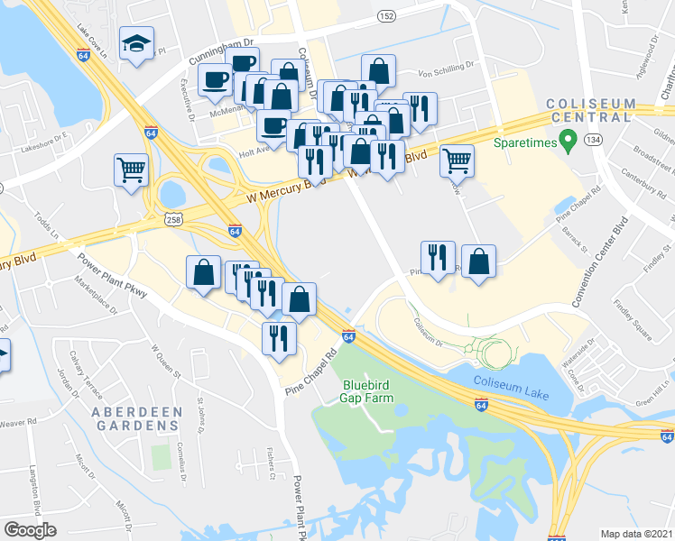 map of restaurants, bars, coffee shops, grocery stores, and more near 1915 Commerce Drive in Hampton