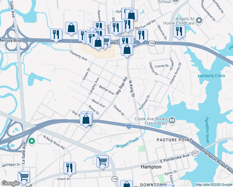 map of restaurants, bars, coffee shops, grocery stores, and more near 1000 Bethel Avenue in Hampton