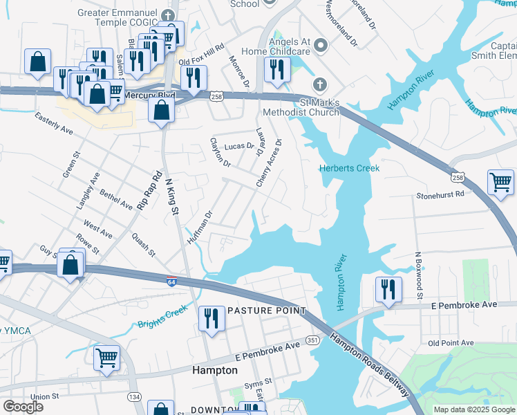 map of restaurants, bars, coffee shops, grocery stores, and more near 118 Eberly Terrace in Hampton