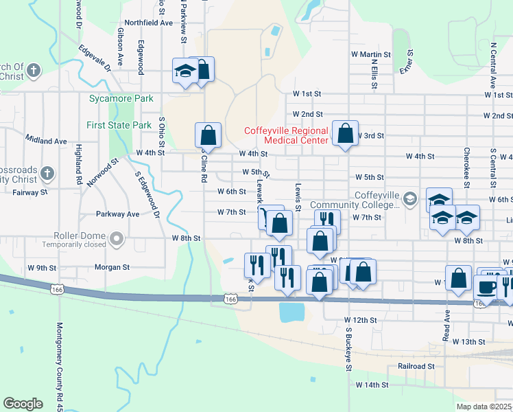 map of restaurants, bars, coffee shops, grocery stores, and more near 1802 West 7th Street in Coffeyville