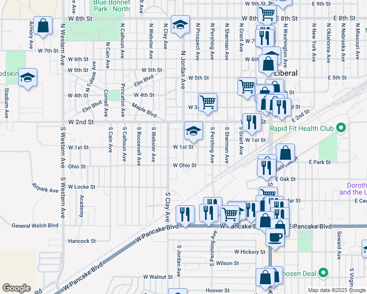 map of restaurants, bars, coffee shops, grocery stores, and more near 601 West 1st Street in Liberal