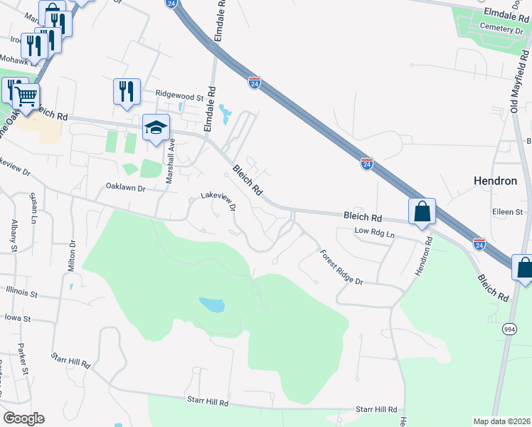 map of restaurants, bars, coffee shops, grocery stores, and more near 185 Spring Valley Cove in Paducah
