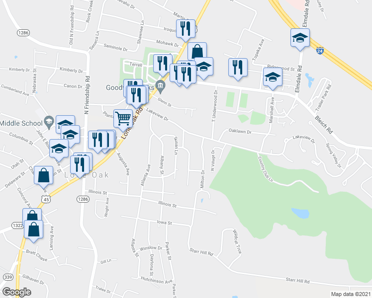map of restaurants, bars, coffee shops, grocery stores, and more near 120 Crestview Drive in Paducah