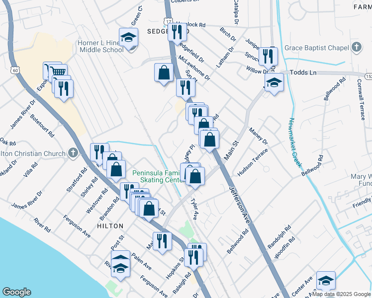 map of restaurants, bars, coffee shops, grocery stores, and more near 17 Sidney Place in Newport News