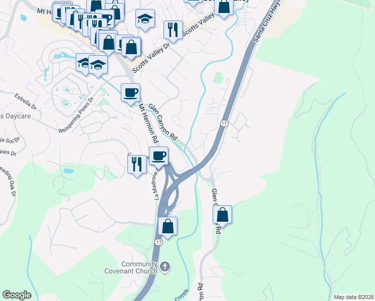 map of restaurants, bars, coffee shops, grocery stores, and more near 3410 Glen Canyon Road in Scotts Valley