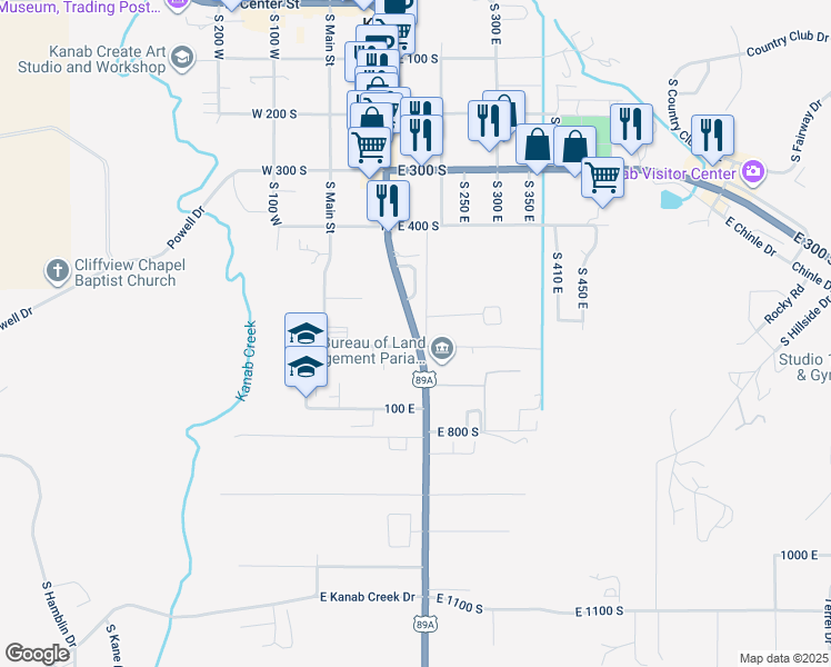 map of restaurants, bars, coffee shops, grocery stores, and more near 669 U.S. 89A in Kanab
