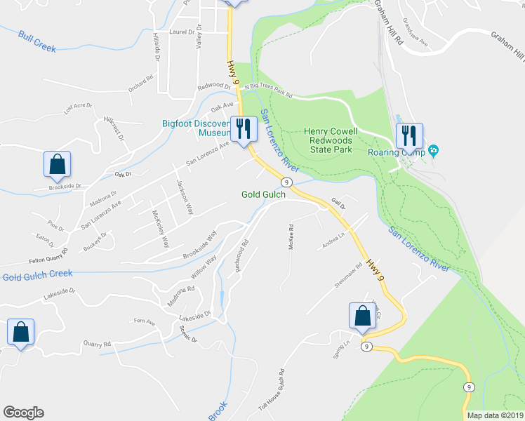 map of restaurants, bars, coffee shops, grocery stores, and more near 325 Lakeview Drive in Felton
