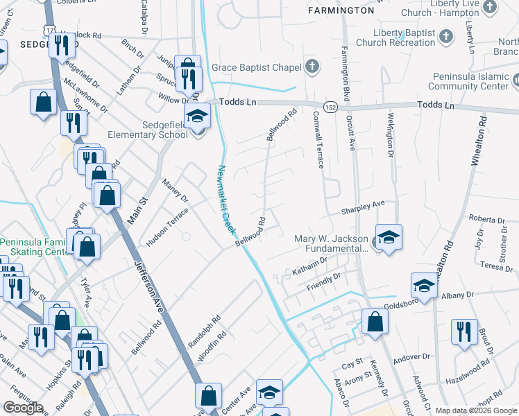 map of restaurants, bars, coffee shops, grocery stores, and more near 727 Bellwood Road in Hampton