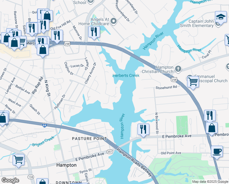 map of restaurants, bars, coffee shops, grocery stores, and more near 230 Dockside Drive in Hampton