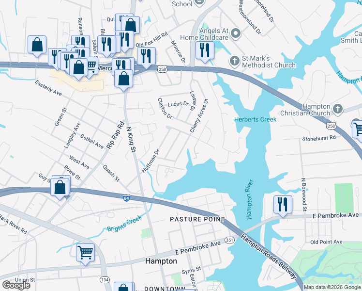 map of restaurants, bars, coffee shops, grocery stores, and more near 10 Brentwood Drive in Hampton