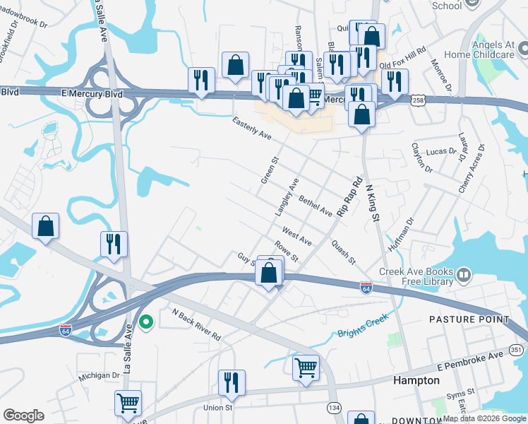 map of restaurants, bars, coffee shops, grocery stores, and more near 1212 West Avenue in Hampton