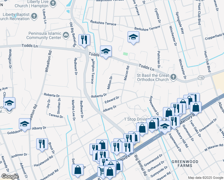 map of restaurants, bars, coffee shops, grocery stores, and more near 203 Roberta Drive in Hampton