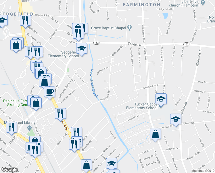 map of restaurants, bars, coffee shops, grocery stores, and more near 727 Bellwood Road in Hampton