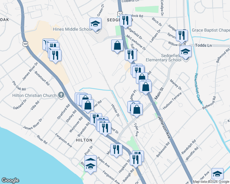 map of restaurants, bars, coffee shops, grocery stores, and more near 313 Town Pointe Way in Newport News