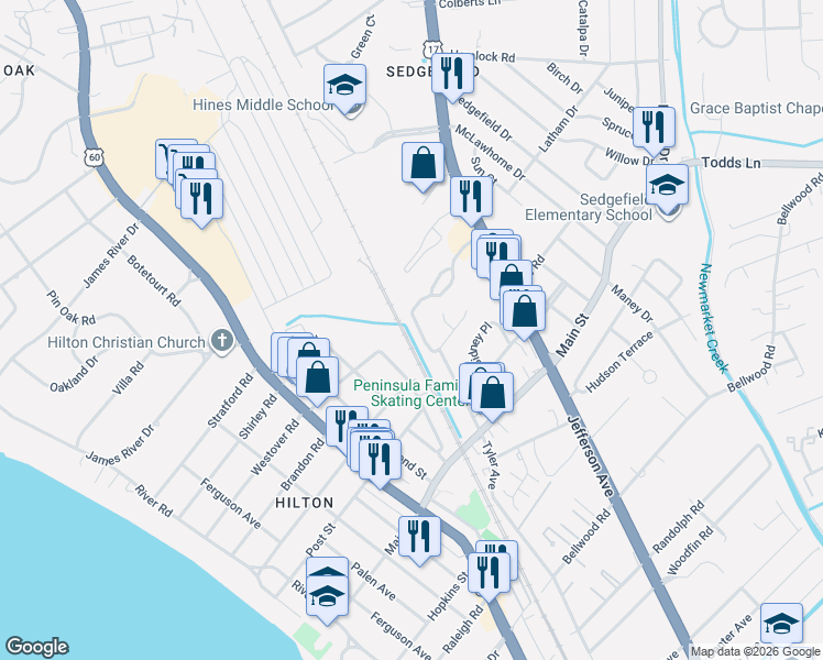 map of restaurants, bars, coffee shops, grocery stores, and more near 313 Town Pointe Way in Newport News