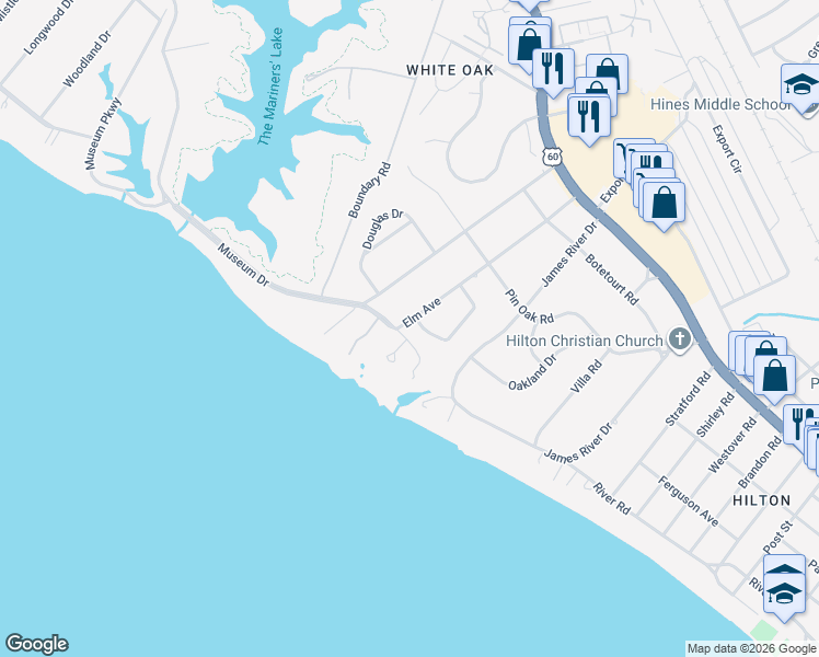 map of restaurants, bars, coffee shops, grocery stores, and more near 2 Holly Drive in Newport News