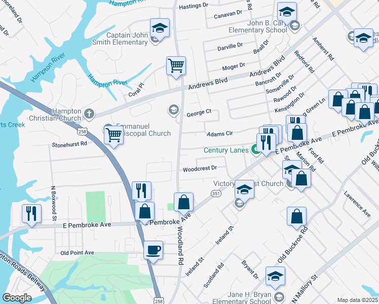 map of restaurants, bars, coffee shops, grocery stores, and more near 1476 Morgan Dr in Hampton