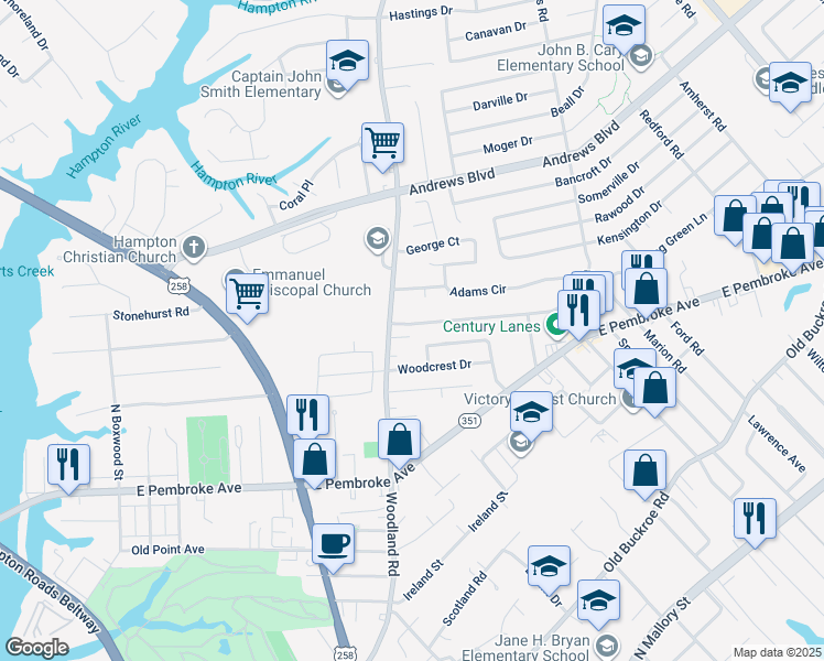 map of restaurants, bars, coffee shops, grocery stores, and more near 1476 Morgan Dr in Hampton
