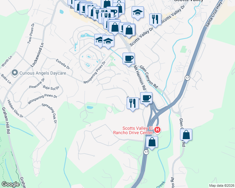 map of restaurants, bars, coffee shops, grocery stores, and more near 244 Miraflores Road in Scotts Valley