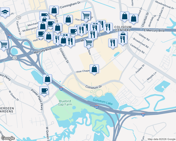 map of restaurants, bars, coffee shops, grocery stores, and more near 140 Pine Chapel Road in Hampton