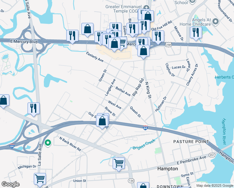map of restaurants, bars, coffee shops, grocery stores, and more near 1108 Quash Street in Hampton