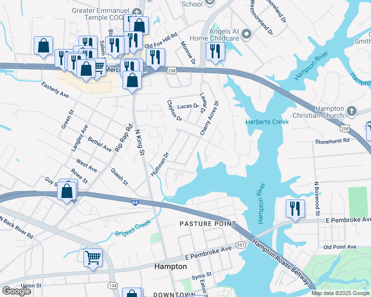 map of restaurants, bars, coffee shops, grocery stores, and more near 10 Brentwood Drive in Hampton
