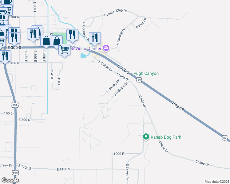 map of restaurants, bars, coffee shops, grocery stores, and more near 624 South Hillside Drive in Kanab