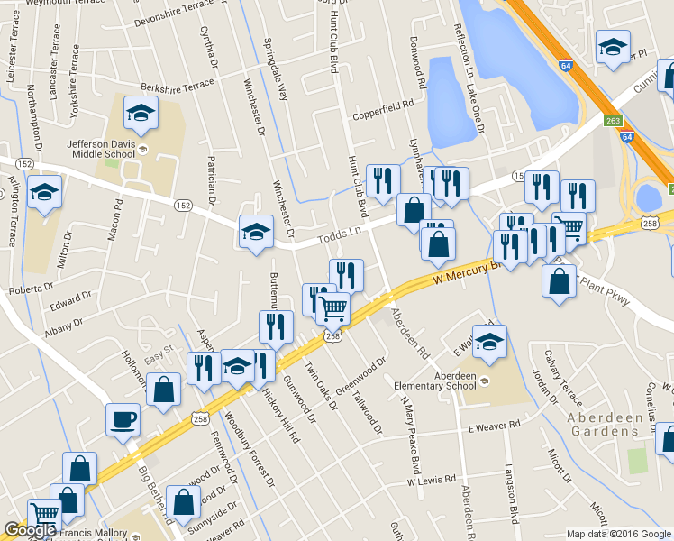 map of restaurants, bars, coffee shops, grocery stores, and more near 12 Edgewood Drive in Hampton