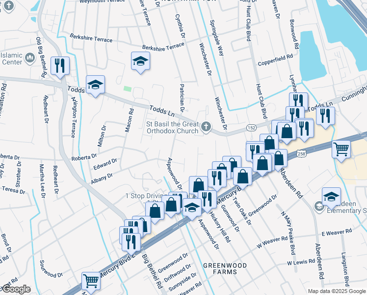 map of restaurants, bars, coffee shops, grocery stores, and more near 6 Cunniff Court in Hampton