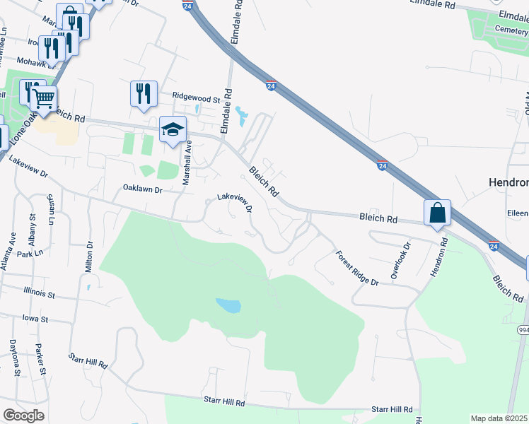 map of restaurants, bars, coffee shops, grocery stores, and more near 195 Spring Valley Drive in Paducah