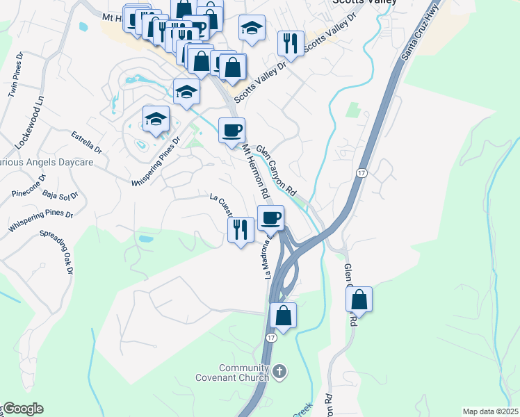 map of restaurants, bars, coffee shops, grocery stores, and more near 2 Torrey Oaks Court in Scotts Valley