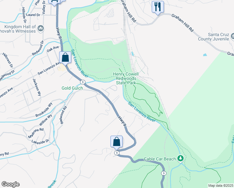 map of restaurants, bars, coffee shops, grocery stores, and more near 165 River Lane in Felton