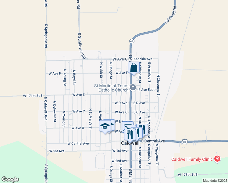 map of restaurants, bars, coffee shops, grocery stores, and more near 466 North Osage Street in Caldwell