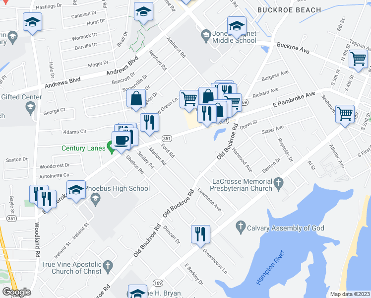 map of restaurants, bars, coffee shops, grocery stores, and more near 1924 East Pembroke Avenue in Hampton