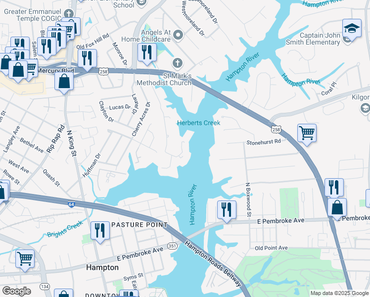 map of restaurants, bars, coffee shops, grocery stores, and more near 230 Dockside Drive in Hampton