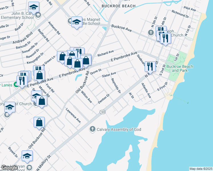map of restaurants, bars, coffee shops, grocery stores, and more near 25 Mansford Drive in Hampton