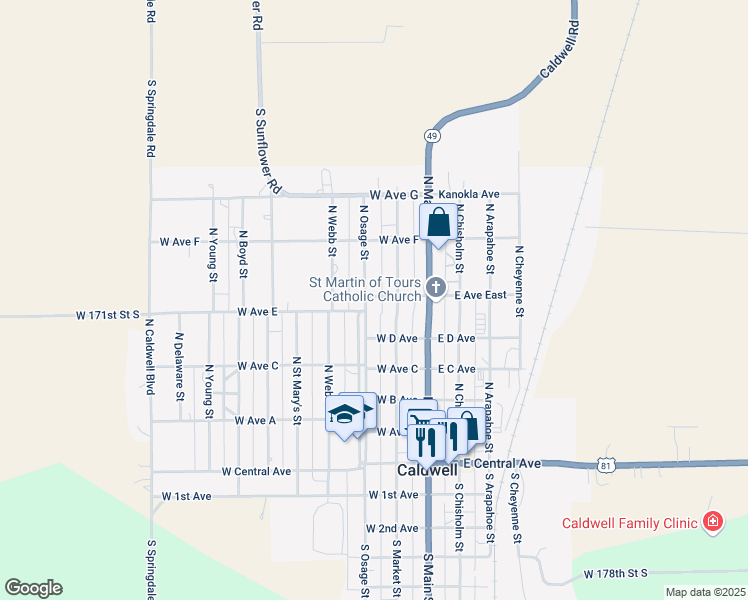 map of restaurants, bars, coffee shops, grocery stores, and more near 466-498 North Osage Street in Caldwell