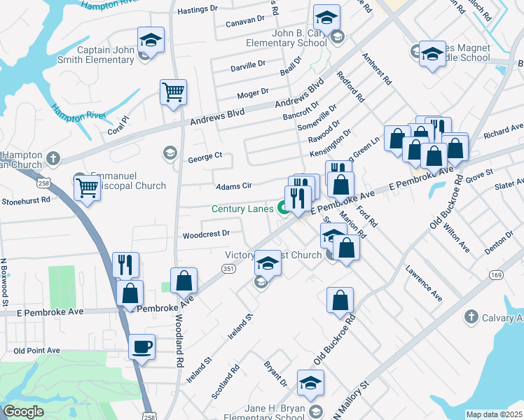 map of restaurants, bars, coffee shops, grocery stores, and more near 617 Renn Road in Hampton