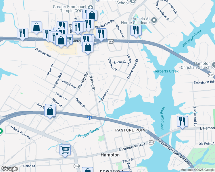 map of restaurants, bars, coffee shops, grocery stores, and more near 41 Huffman Drive in Hampton