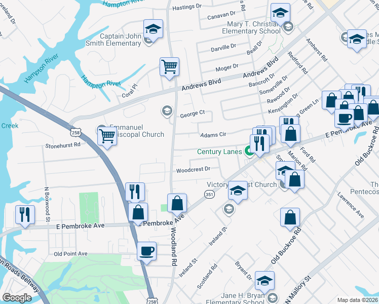 map of restaurants, bars, coffee shops, grocery stores, and more near 1486 Morgan Drive in Hampton