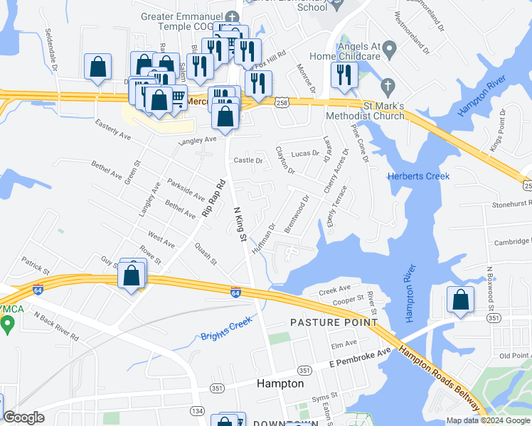 map of restaurants, bars, coffee shops, grocery stores, and more near 41 Huffman Drive in Hampton