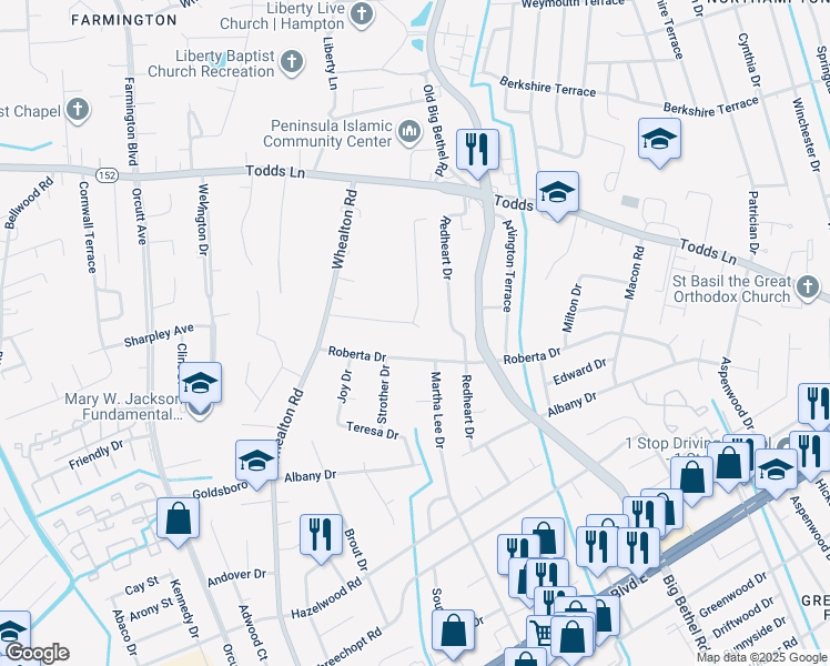map of restaurants, bars, coffee shops, grocery stores, and more near 22 Omera Place in Hampton