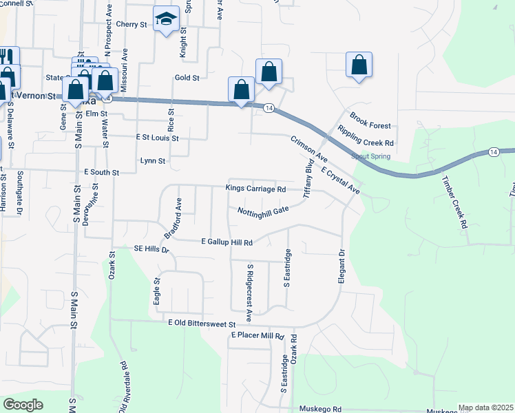 map of restaurants, bars, coffee shops, grocery stores, and more near 577 Lantern Hill in Nixa