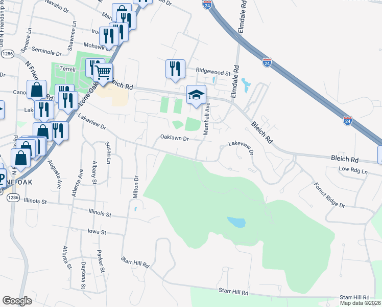 map of restaurants, bars, coffee shops, grocery stores, and more near 572 Lakeview Drive in Paducah