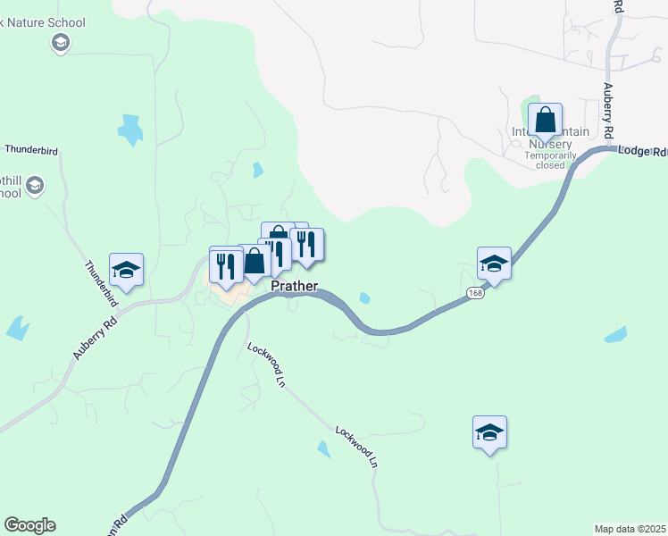 map of restaurants, bars, coffee shops, grocery stores, and more near 29645 Auberry Road in Prather