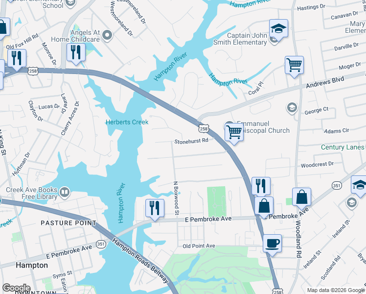 map of restaurants, bars, coffee shops, grocery stores, and more near 106 Stonehurst Road in Hampton