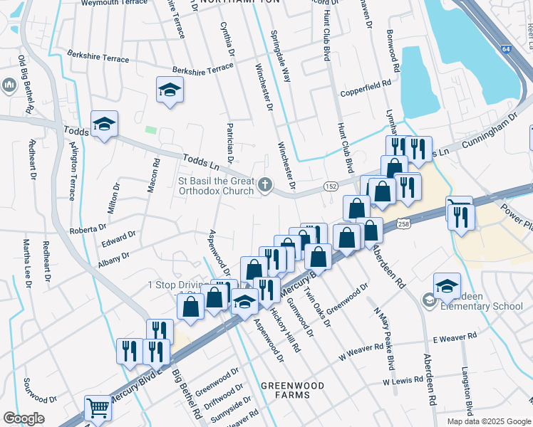 map of restaurants, bars, coffee shops, grocery stores, and more near 1520 Todds Lane in Hampton